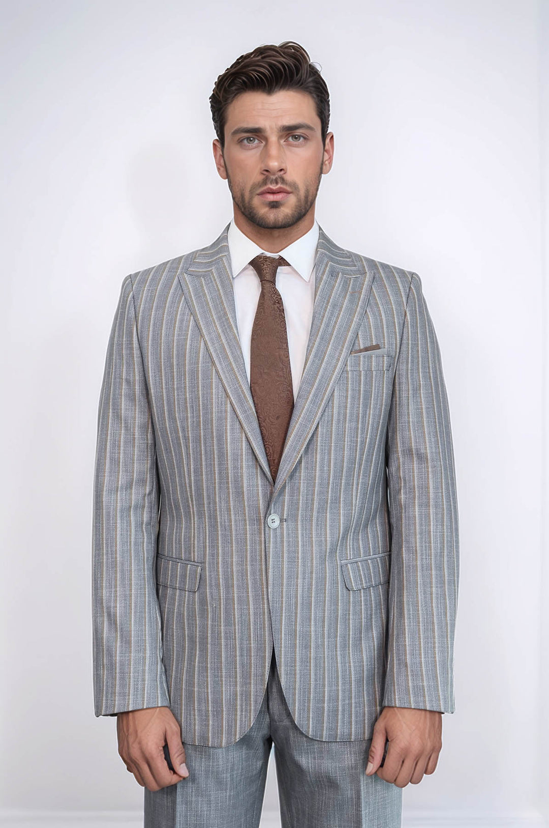 Costume Homme Blazer Rayé Pantalon Uni Gris - Wessi