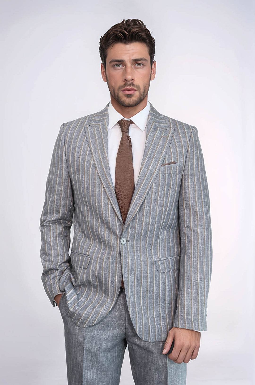 Costume Homme Blazer Rayé Pantalon Uni Gris - Wessi
