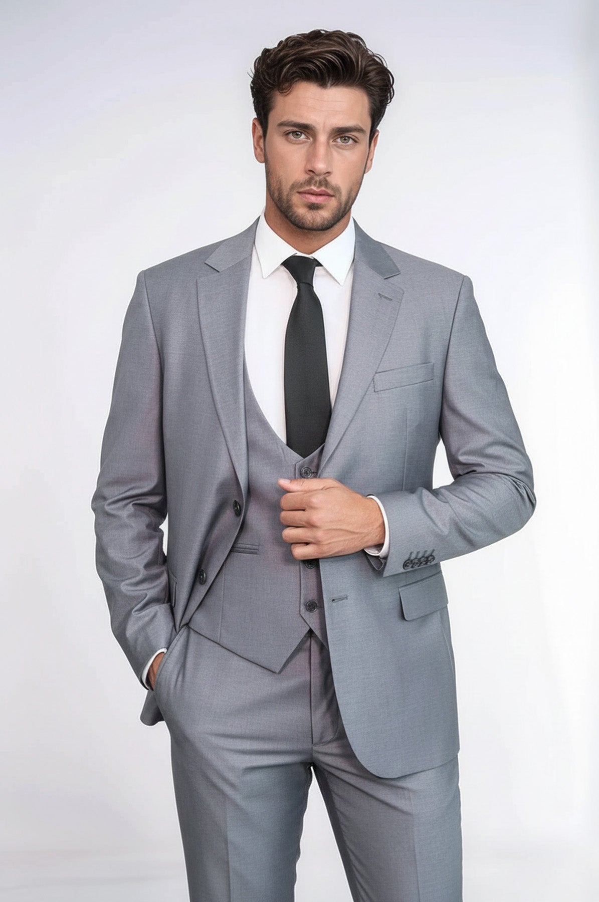 Light Grey Suit Shirt Combination Men's Light Grey 3-Piece Suit Slim Fit Wedding Formal Outfit Light Grey Suit Shirt Combination Men's Light Grey 3-Piece Suit Slim Fit Wedding Formal Outfit