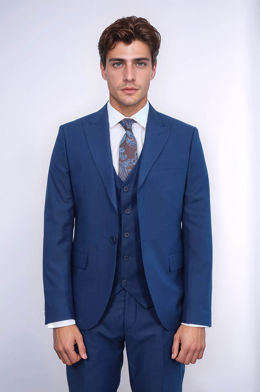 Traje azul liso para hombre con chaleco - Wessi