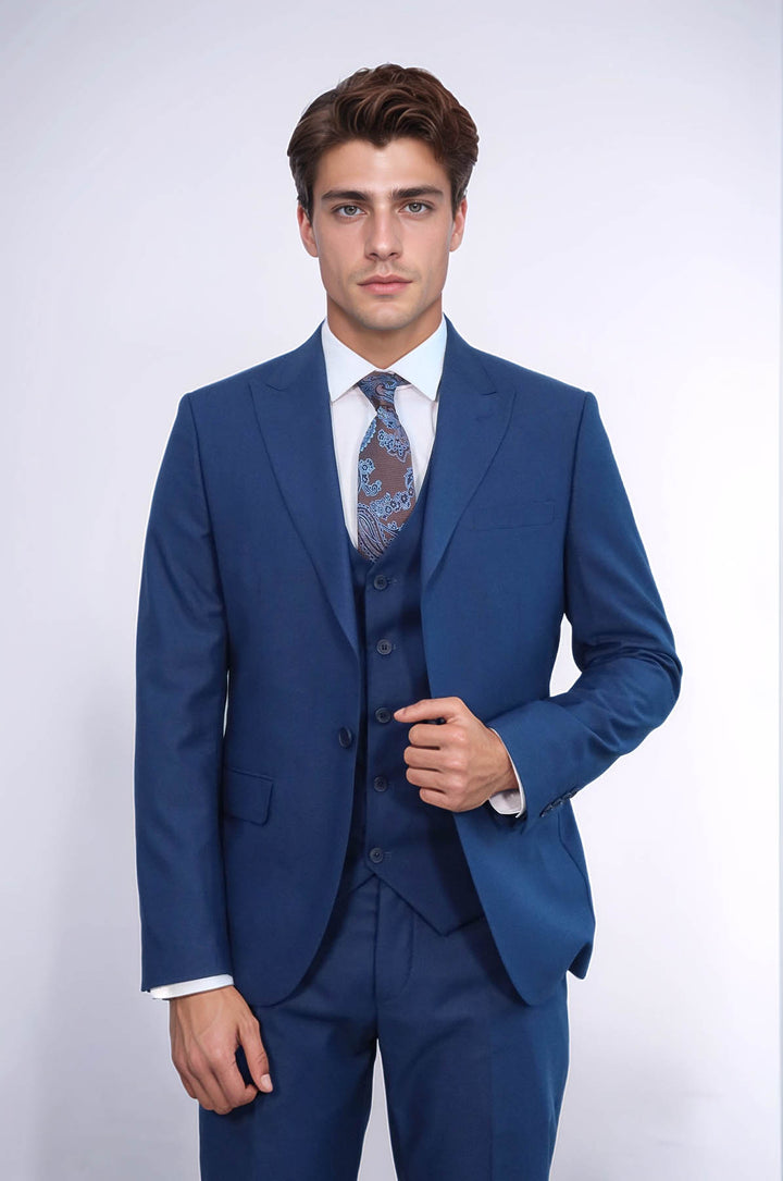 Traje azul liso para hombre con chaleco - Wessi