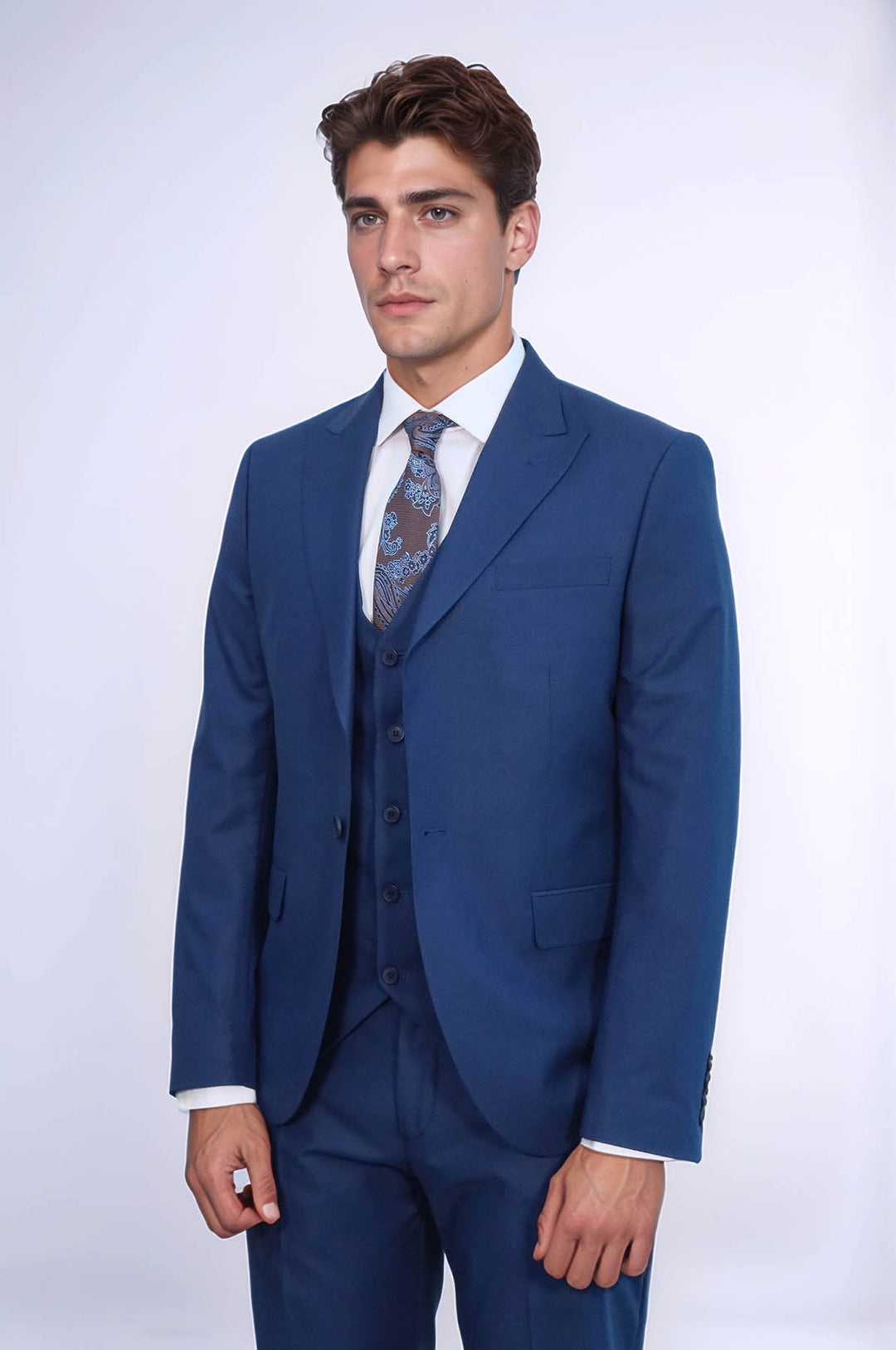 Traje azul liso para hombre con chaleco - Wessi
