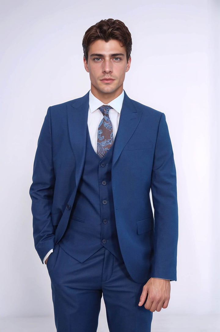 Traje azul liso para hombre con chaleco - Wessi