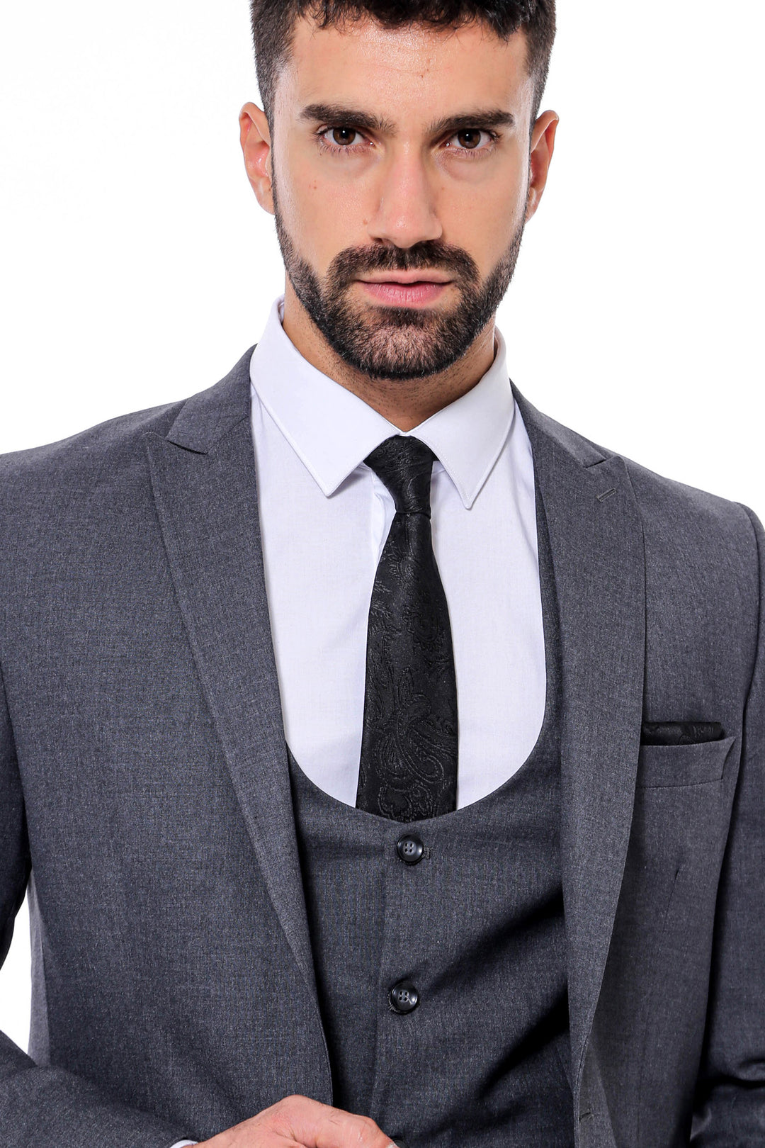 Однотонный мужской костюм приталенного кроя антрацитового цвета - Wessi