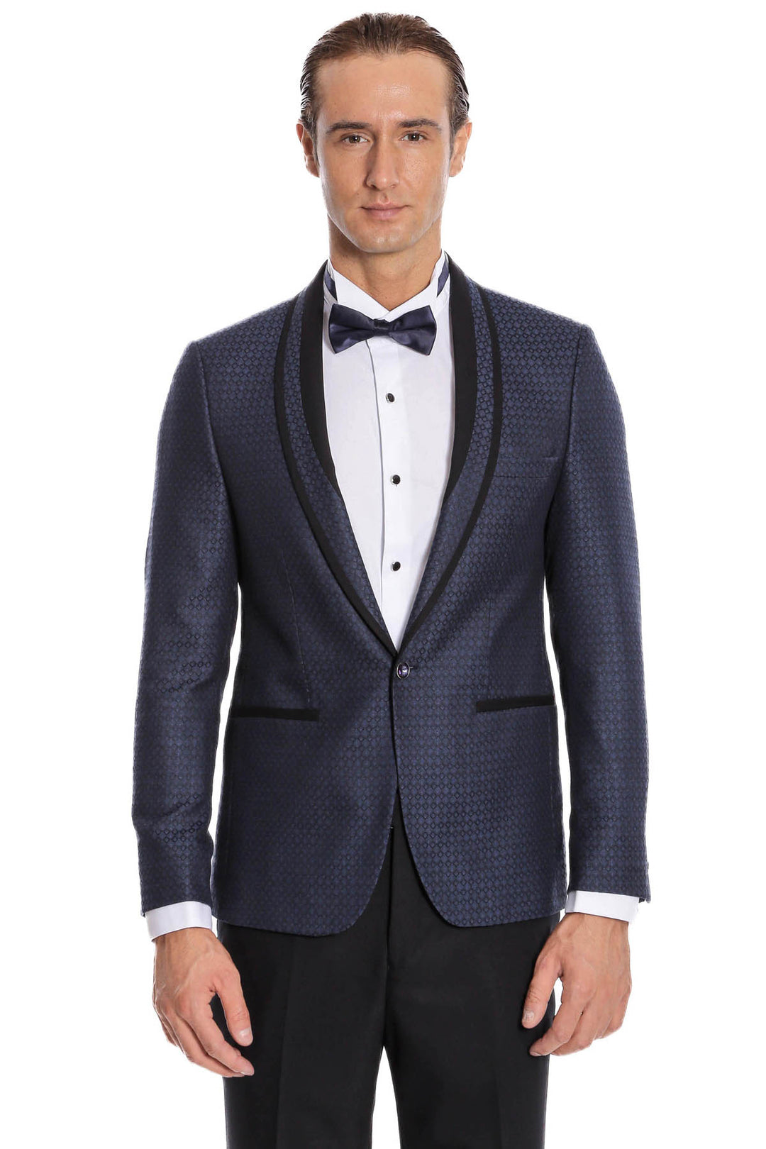 Smoking bleu marine coupe slim à motifs avec revers châle | Wess