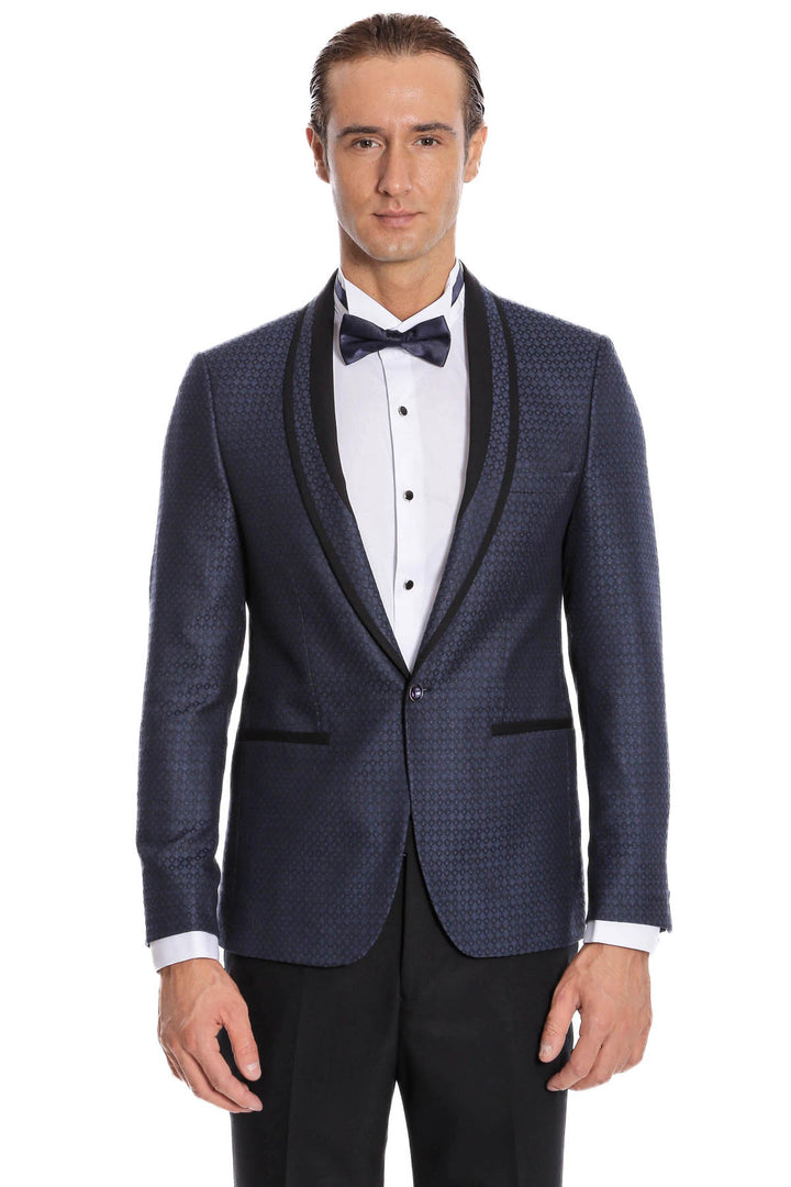 Smoking bleu marine coupe slim à motifs avec revers châle | Wess