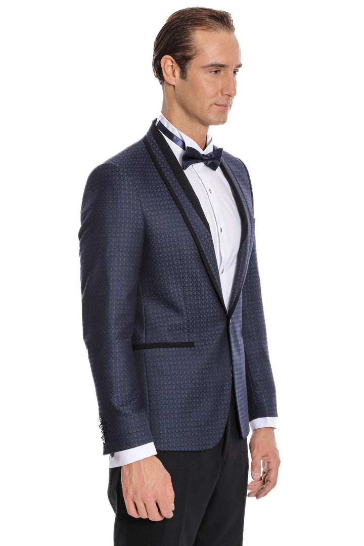 Smoking bleu marine coupe slim à motifs avec revers châle | Wess