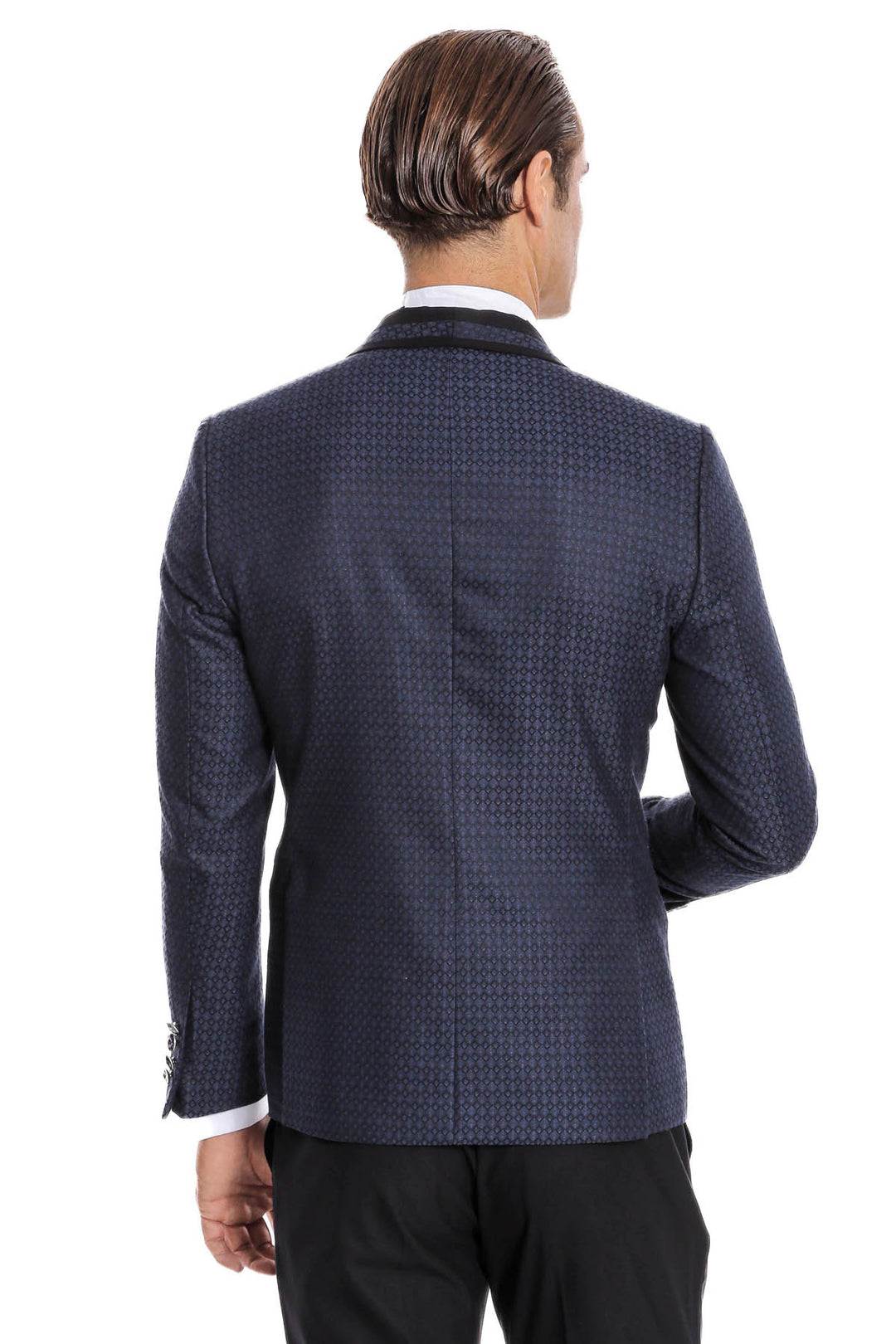 Smoking bleu marine coupe slim à motifs avec revers châle | Wess