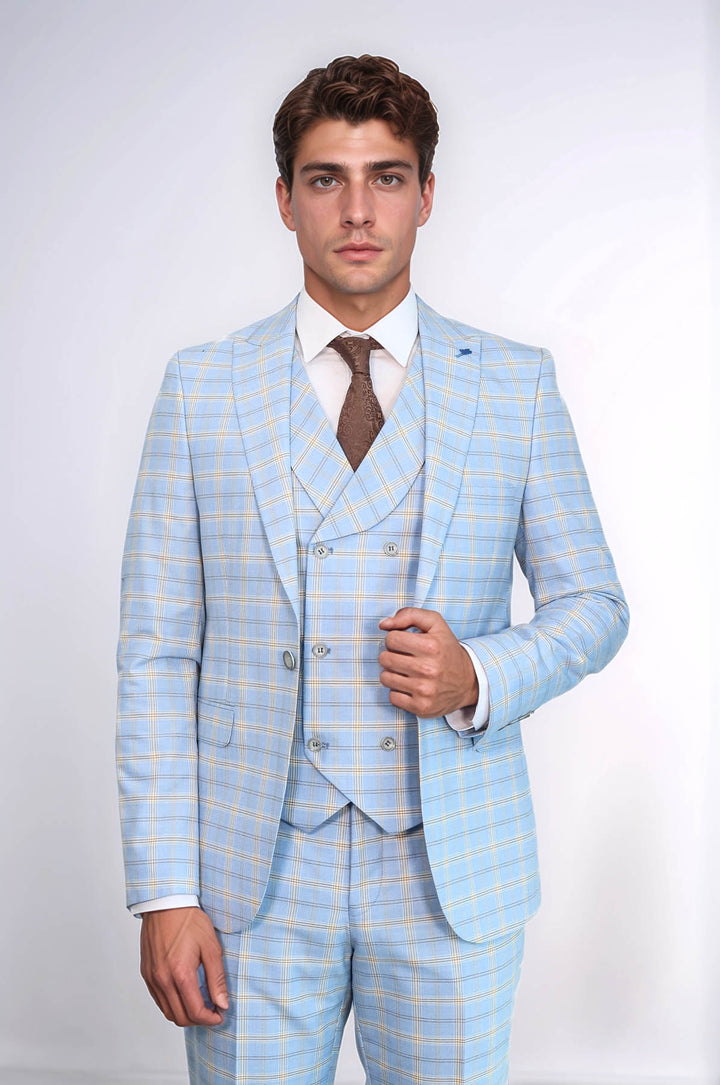 Traje de tres piezas a cuadros azul bebé | wess