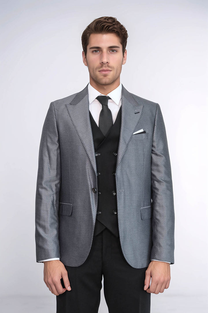 Grey Jacket Combined Black Suit - Wessi