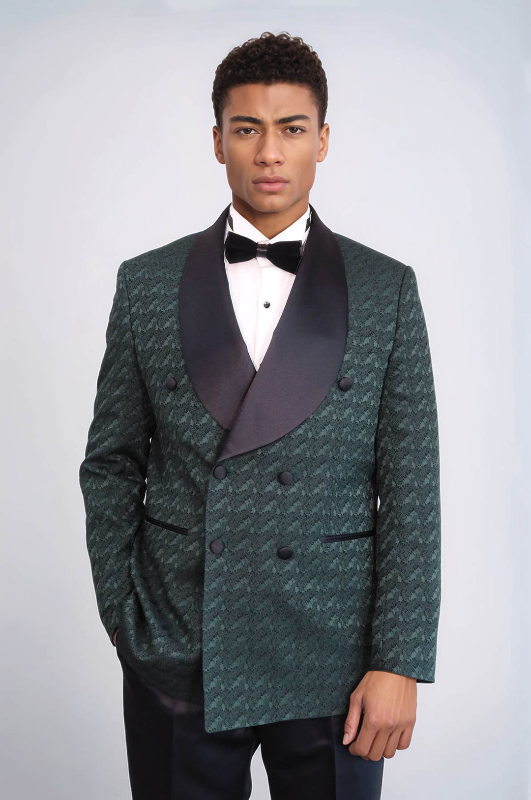 Costume De Smoking Homme Vert Foncé à Double Boutonnage En Satin Avec Col Châle - Wessi