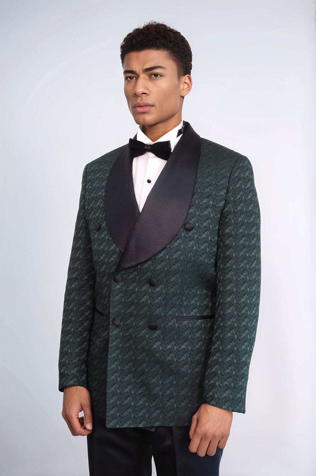 Costume De Smoking Homme Vert Foncé à Double Boutonnage En Satin Avec Col Châle - Wessi