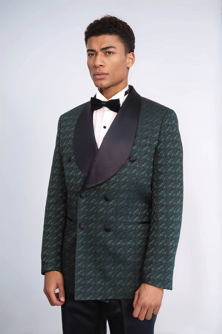 Costume De Smoking Homme Vert Foncé à Double Boutonnage En Satin Avec Col Châle - Wessi