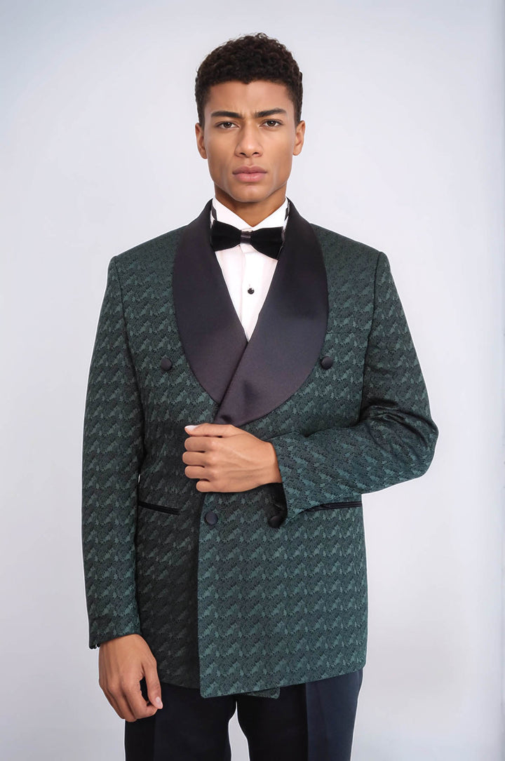 Costume De Smoking Homme Vert Foncé à Double Boutonnage En Satin Avec Col Châle - Wessi