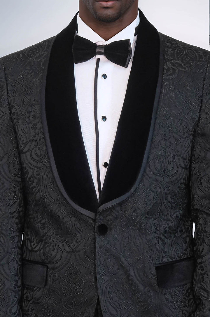 2 Piece Damask Patterned Velvet Shawl Collar Black Men's Tuxedo Suit - Wessi