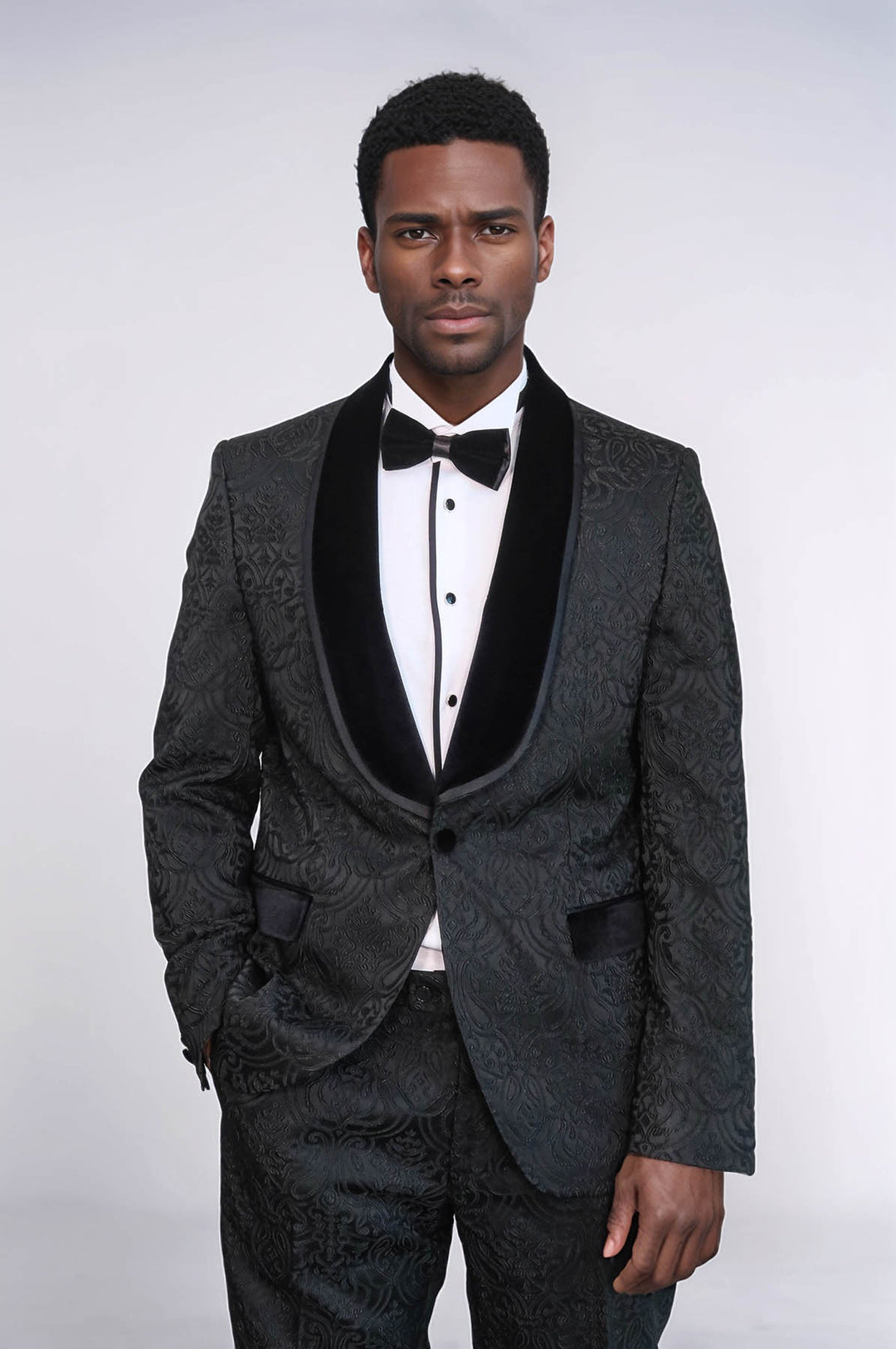 2 Piece Damask Patterned Velvet Shawl Collar Black Men's Tuxedo Suit - Wessi