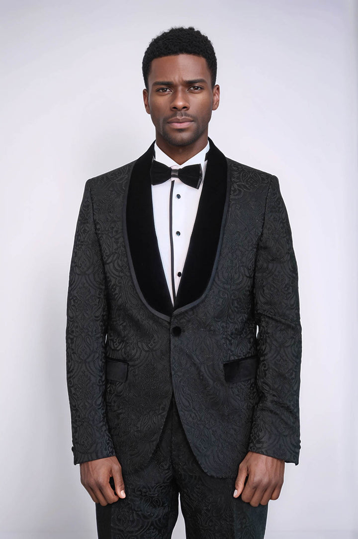 2 Piece Damask Patterned Velvet Shawl Collar Black Men's Tuxedo Suit - Wessi