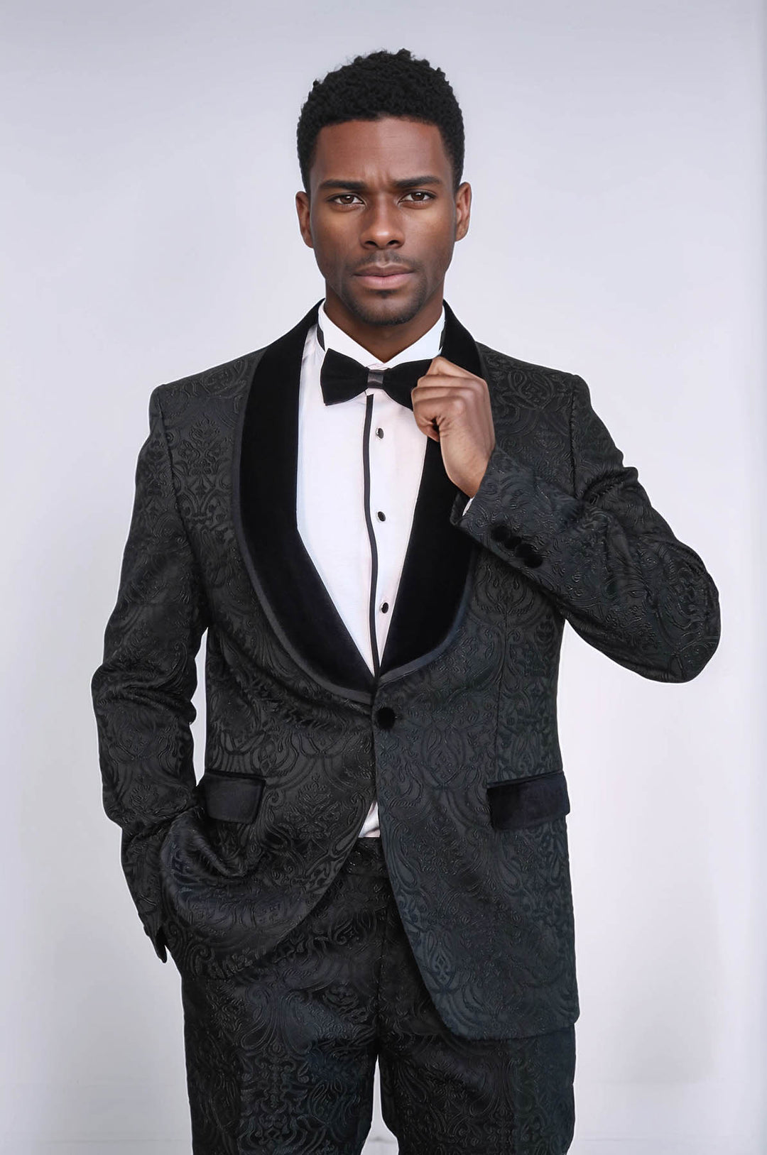 2 Piece Damask Patterned Velvet Shawl Collar Black Men's Tuxedo Suit - Wessi