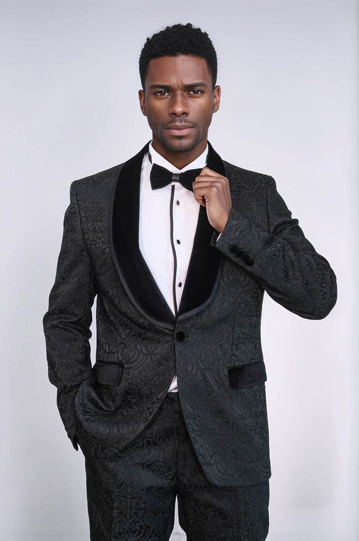 2 Piece Damask Patterned Velvet Shawl Collar Black Men's Tuxedo Suit - Wessi