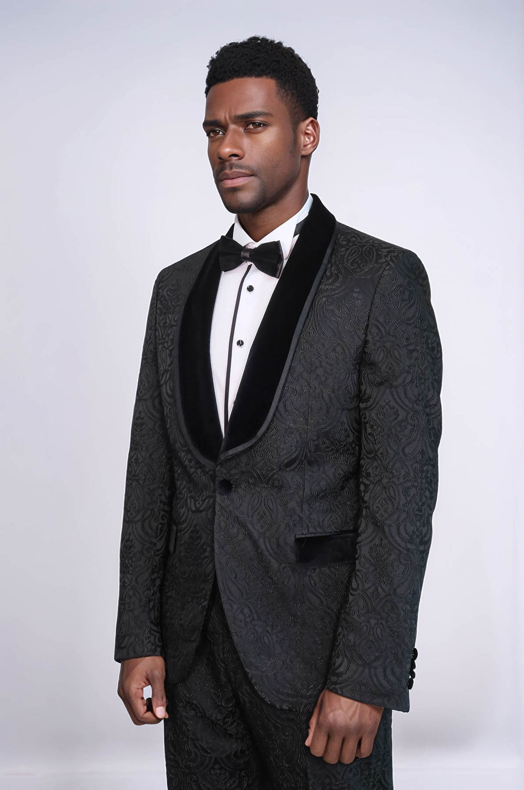 2 Piece Damask Patterned Velvet Shawl Collar Black Men's Tuxedo Suit - Wessi