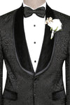 Black Tuxedo with Velvet Lapel Detail, Patterned Waistcoat, and White Shirt Look - Wessi Wedding Style