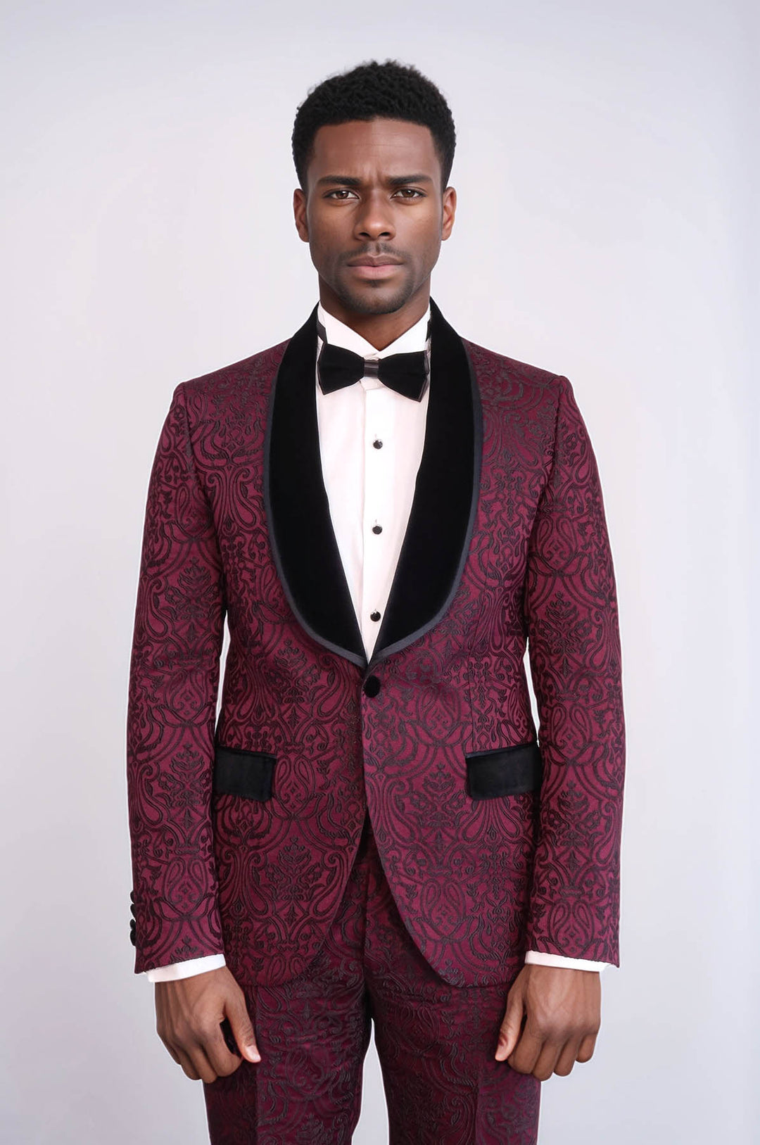 2 Piece Damask Patterned Velvet Shawl Collar Burgundy Men's Tuxedo Suit - Wessi