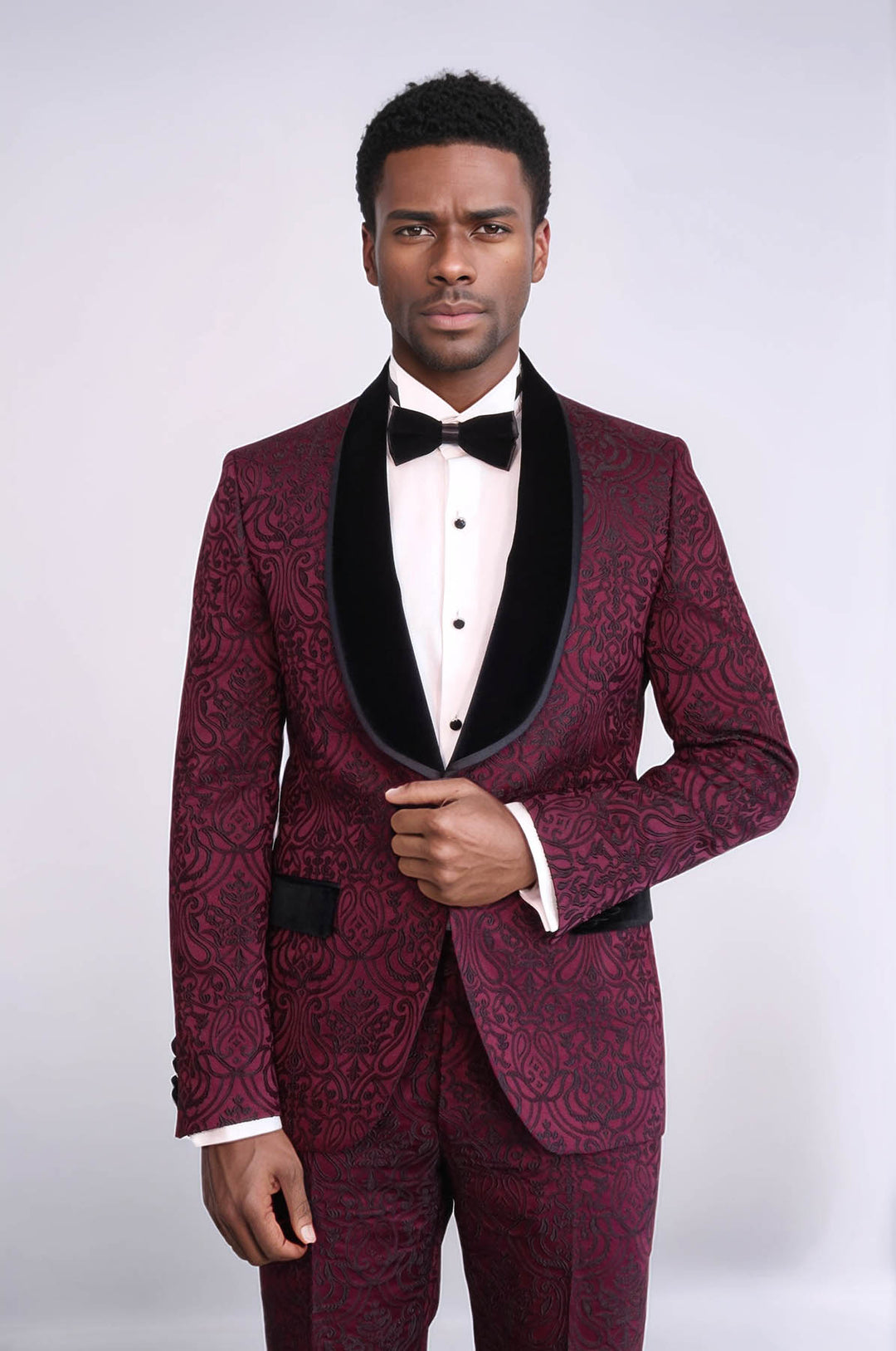 2 Piece Damask Patterned Velvet Shawl Collar Burgundy Men's Tuxedo Suit - Wessi
