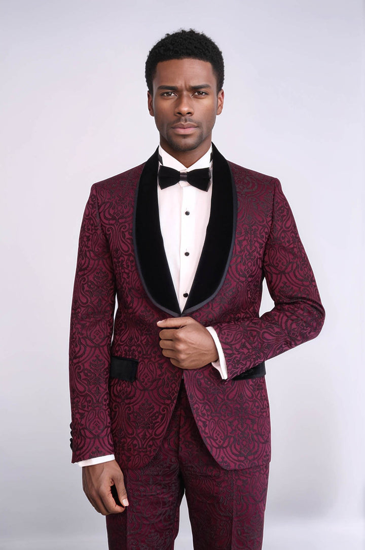 2 Piece Damask Patterned Velvet Shawl Collar Burgundy Men's Tuxedo Suit - Wessi