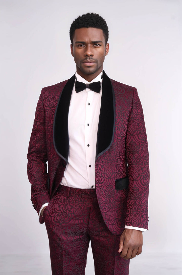 2 Piece Damask Patterned Velvet Shawl Collar Burgundy Men's Tuxedo Suit - Wessi