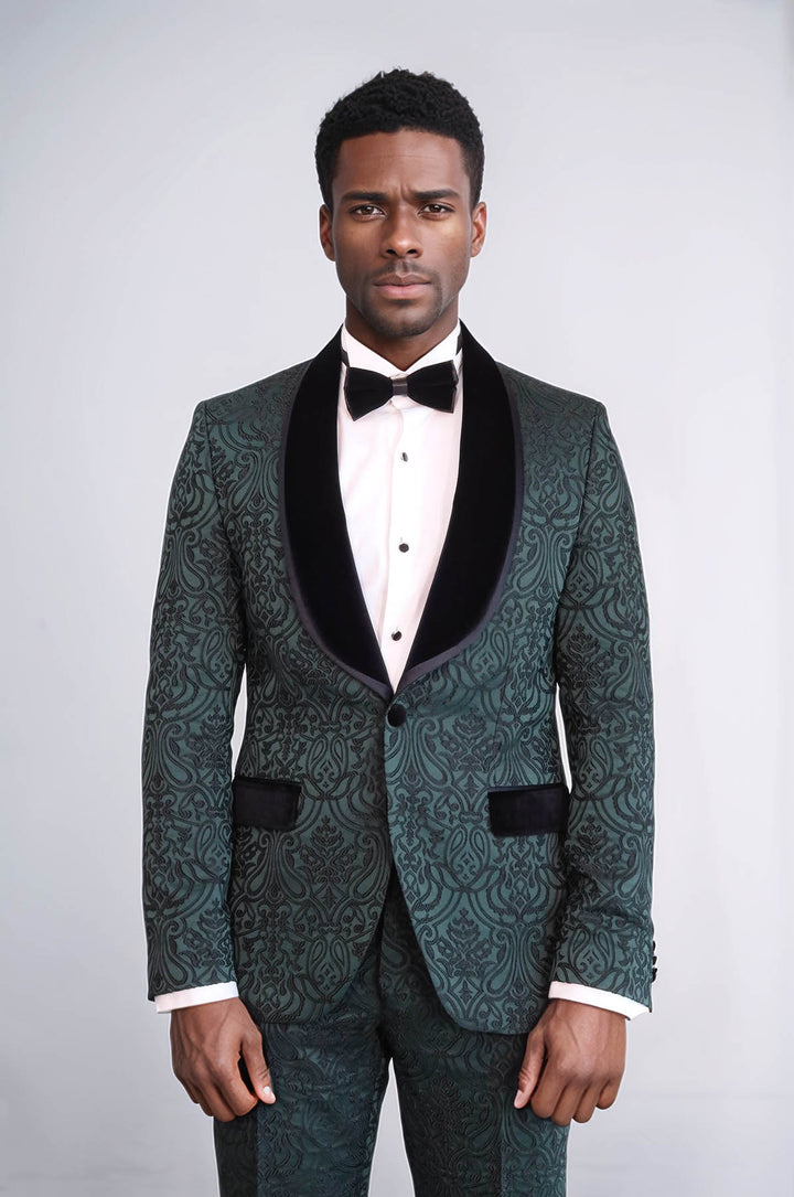 2 Piece Damask Patterned Velvet Shawl Collar Emerald Green Men's Tuxedo Suit - Wessi