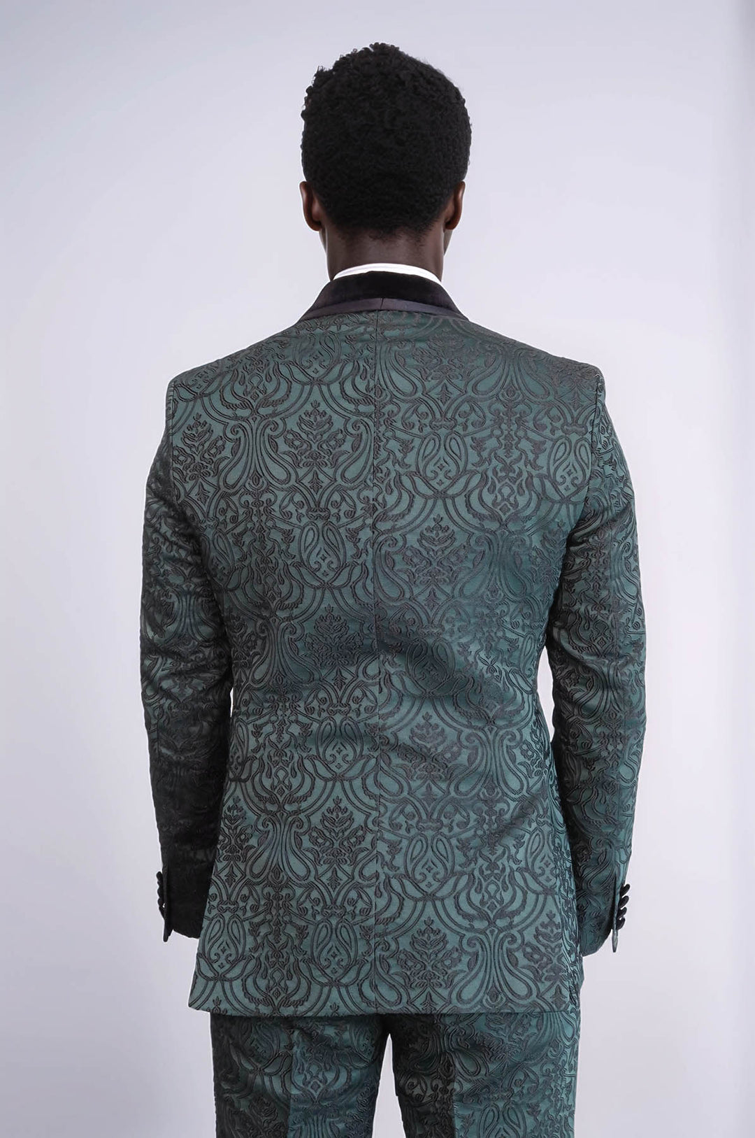 2 Piece Damask Patterned Velvet Shawl Collar Emerald Green Men's Tuxedo Suit - Wessi