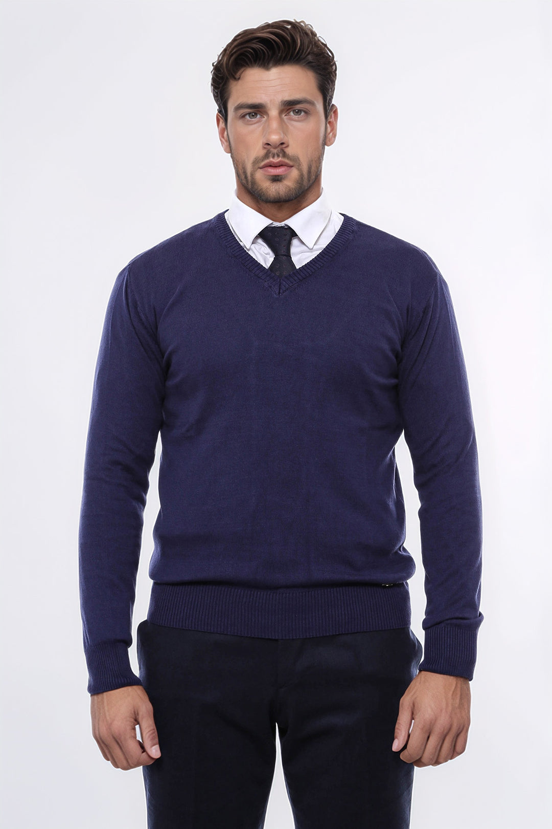 Maglione da uomo blu navy con scollo a V - Wessi