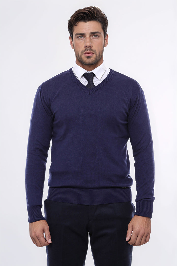Maglione da uomo blu navy con scollo a V - Wessi