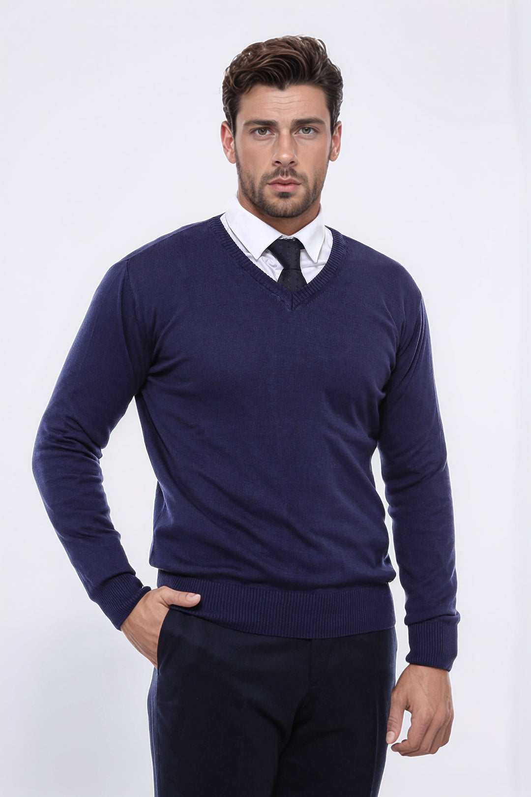 Maglione da uomo blu navy con scollo a V - Wessi