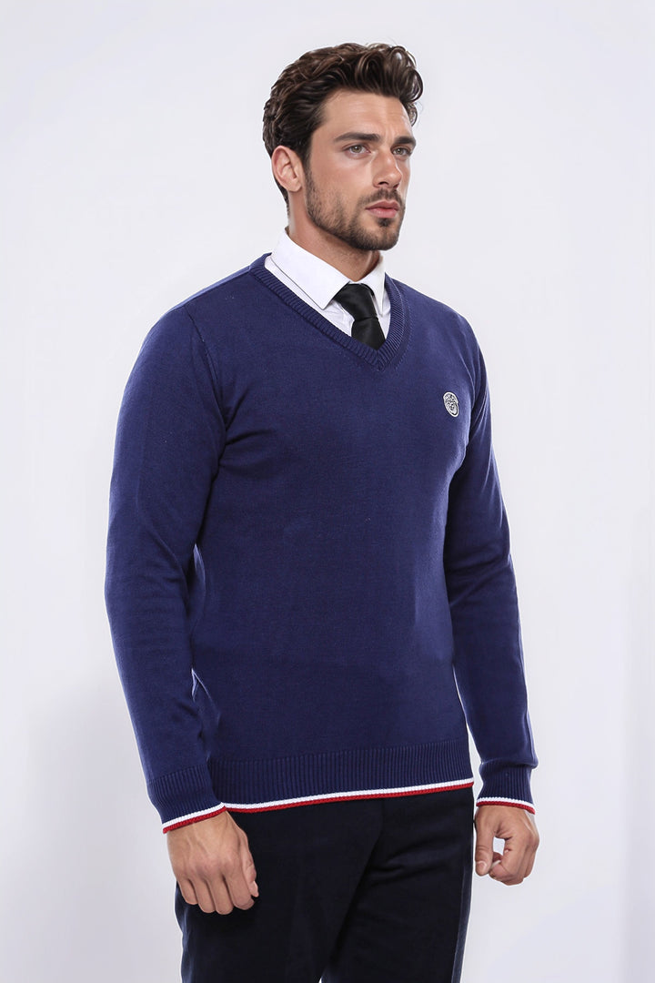Pull Homme Bleu Marine Col V Coupe Slim - Wessi