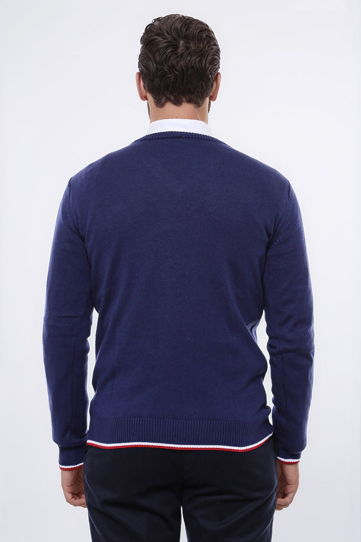 Pull Homme Bleu Marine Col V Coupe Slim - Wessi
