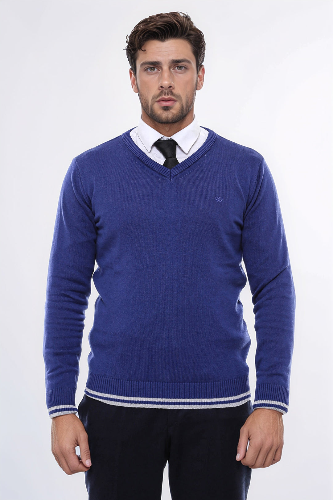 Maglione slim fit con scollo a V blu scuro - Wessi