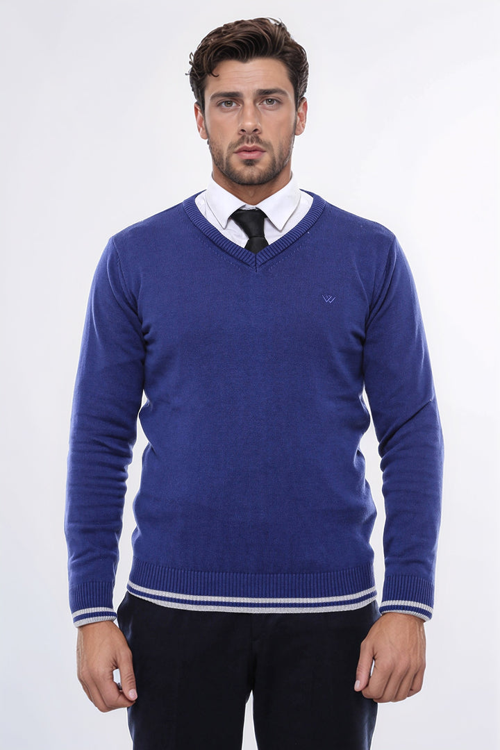 Maglione slim fit con scollo a V blu scuro - Wessi