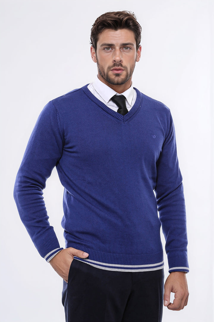 Maglione slim fit con scollo a V blu scuro - Wessi