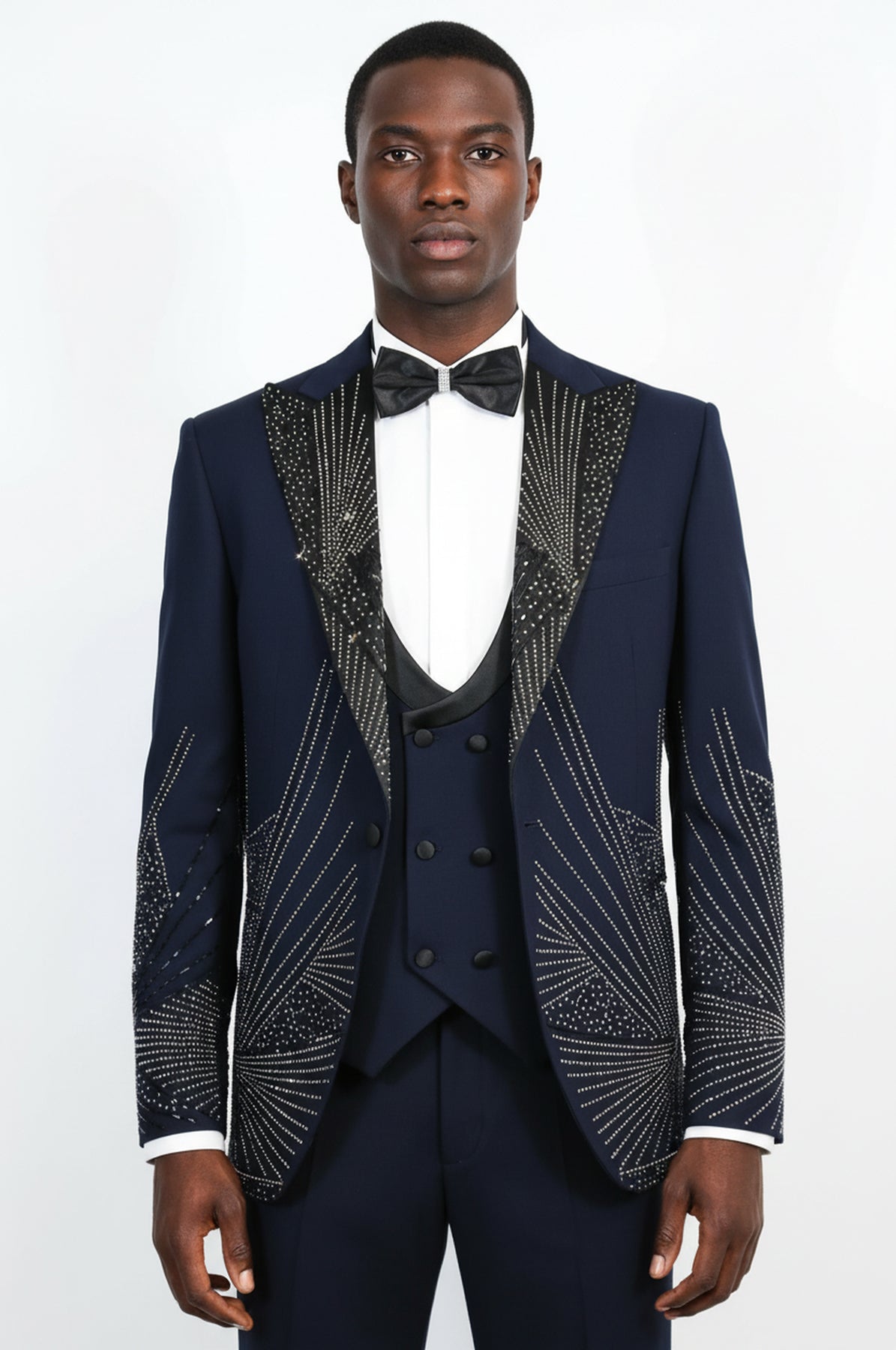 Navy Silver Sunburst Rhinestone Peak Lapel Tuxedo Suit | Wessi