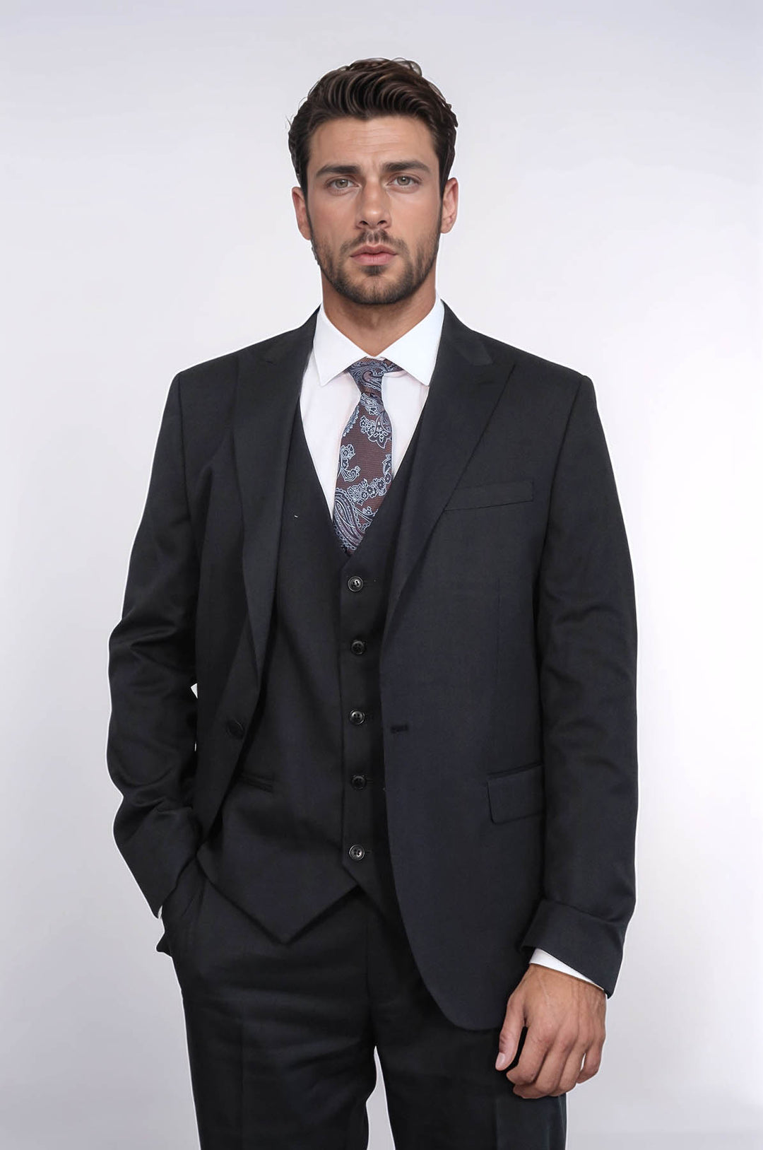 3 -Piece Single Button Peak Lapel Black Men Suit - Wessi