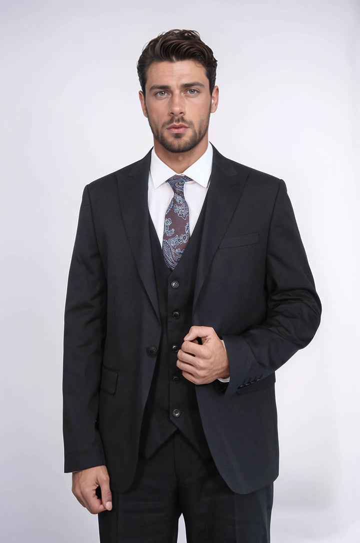3 -Piece Single Button Peak Lapel Black Men Suit - Wessi