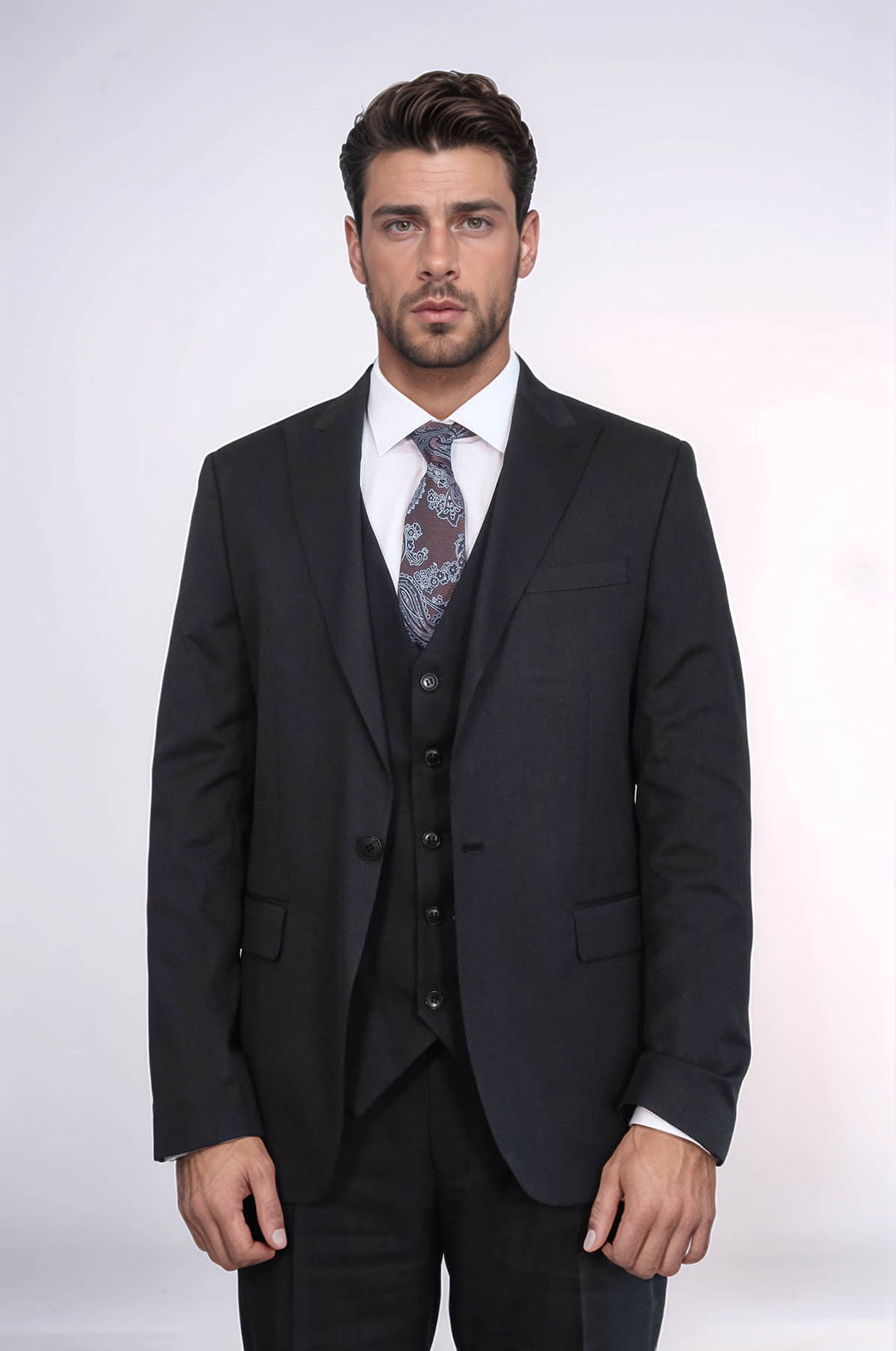 3 -Piece Single Button Peak Lapel Black Men Suit - Wessi