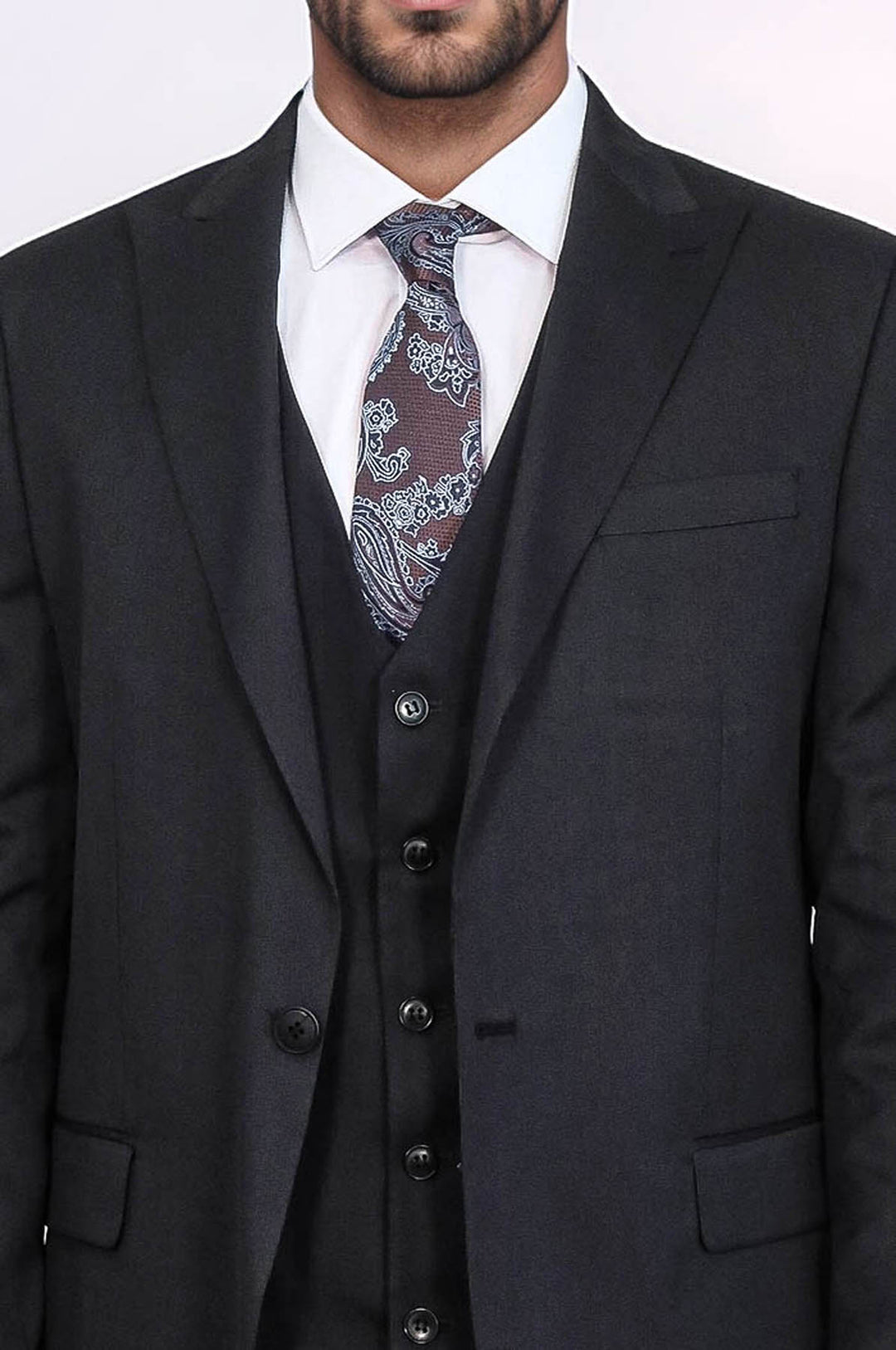 3 -Piece Single Button Peak Lapel Black Men Suit - Wessi