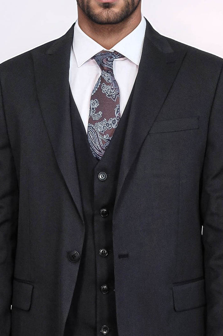 3 -Piece Single Button Peak Lapel Black Men Suit - Wessi