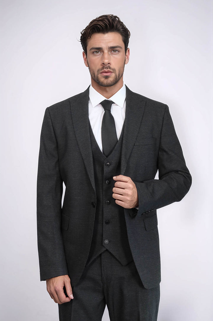 Темно-серый мужской костюм из 3 предметов на одной пуговице с острыми лацканами - Wessi