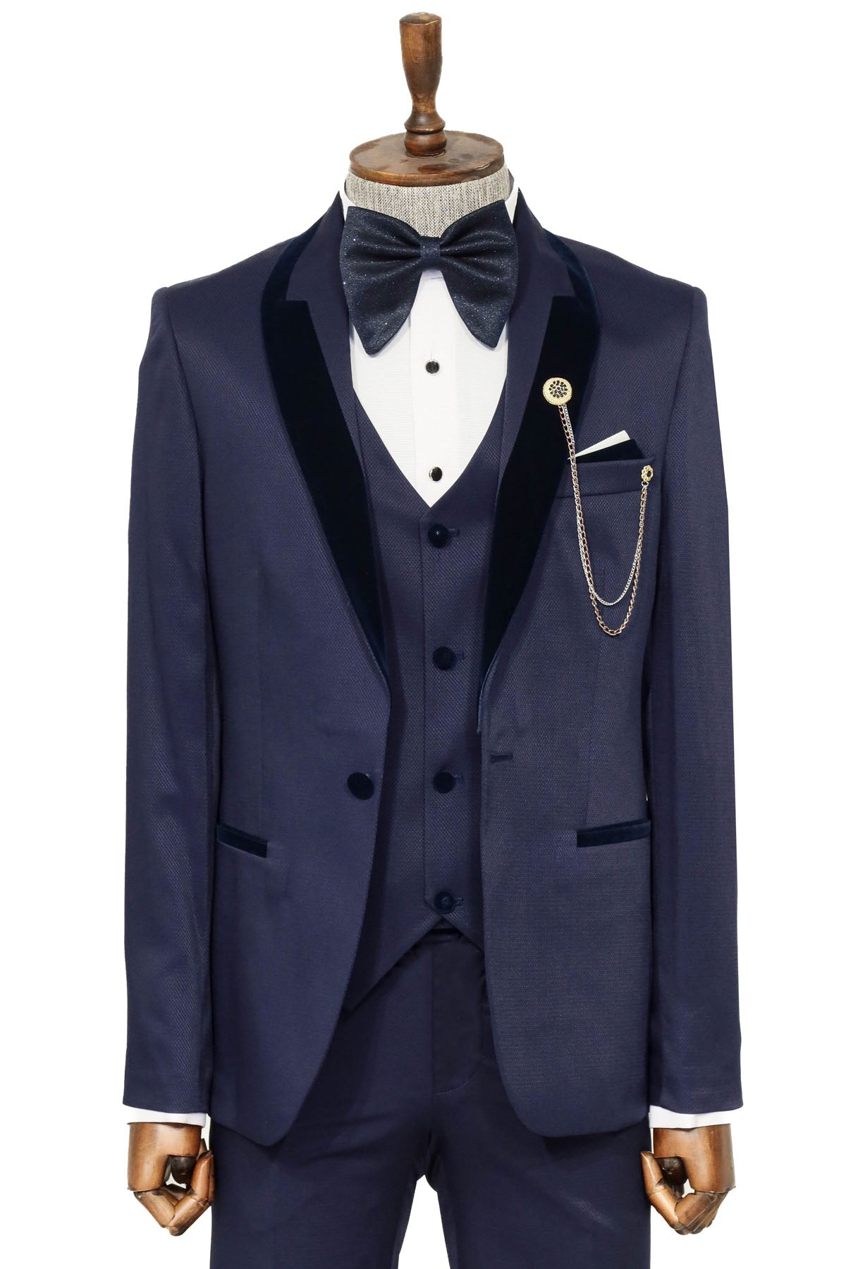 Mens Vested Wool Tuxedo with Velvet Shawl Lapel in Navy