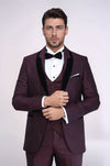Patterned Burgundy Velvet Lapel Groom Suit - Wessi