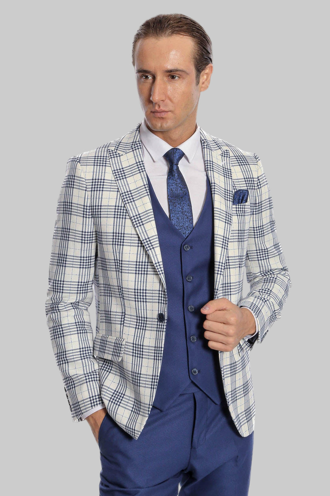Traje de hombre a cuadros slim fit azul marino - Wessi