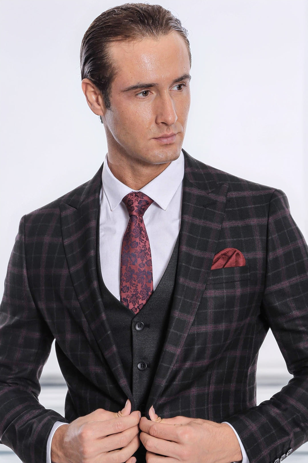 Abito da uomo nero a quadretti slim fit gilet viola - Wessi